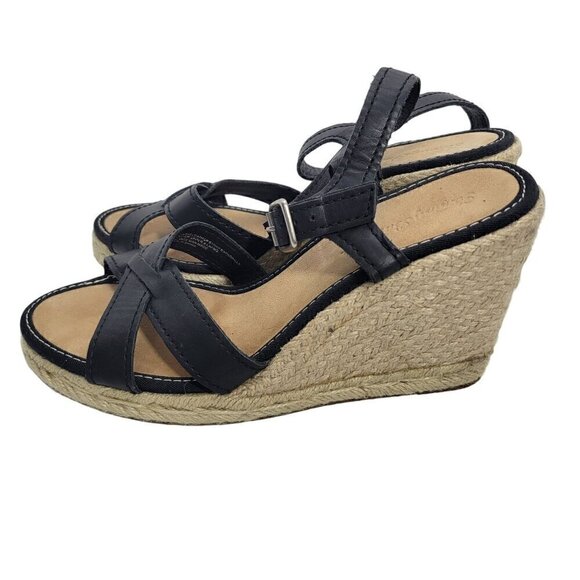 Tommy Bahama Women's Black Leather Espadrille Strappy Black Wedge Sandals Size 9 - Picture 6 of 12